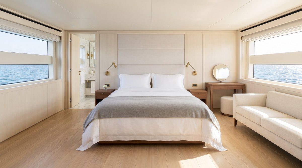 Sovrum med dubbelsäng, skrivbord, soffa och breda fönster mot vattnet