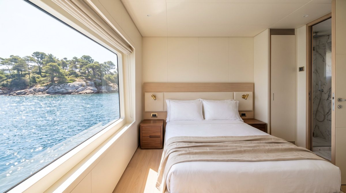Hytt med dubbelsäng och stort fönster mot klipporna i skärgården