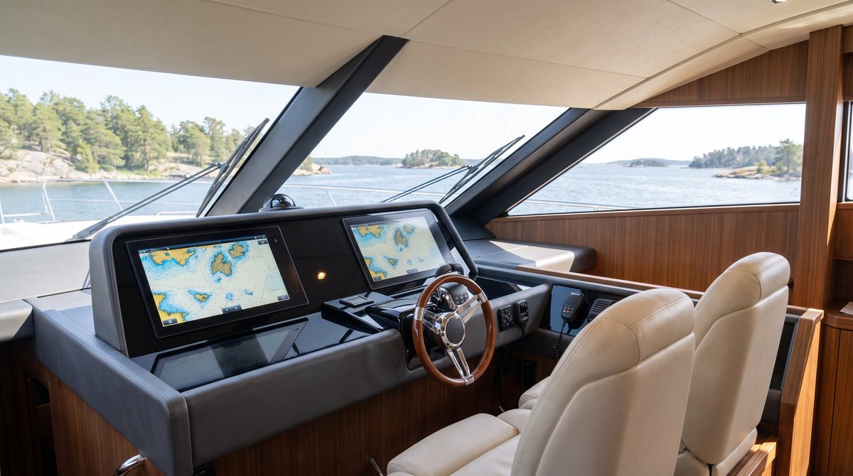 Styrplats med ratt, två skärmar och fönster mot skärgården