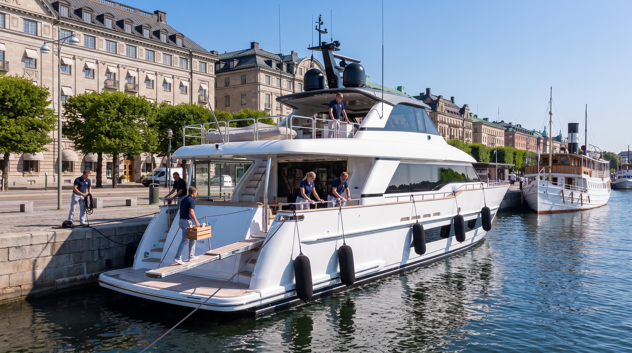 Besättningen i marinblå tröjor gör yachten klar vid kajen i Stockholm