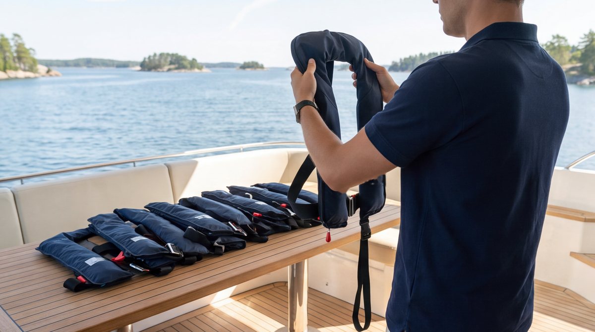 Besättningsman i marinblå piké visar hur en uppblåsbar flytväst bärs, med fler flytvästar på teakbordet