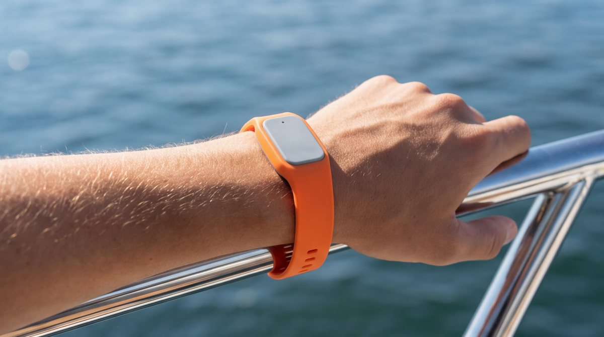 Orange larmarmband med grå sensor på en handled vid relingen