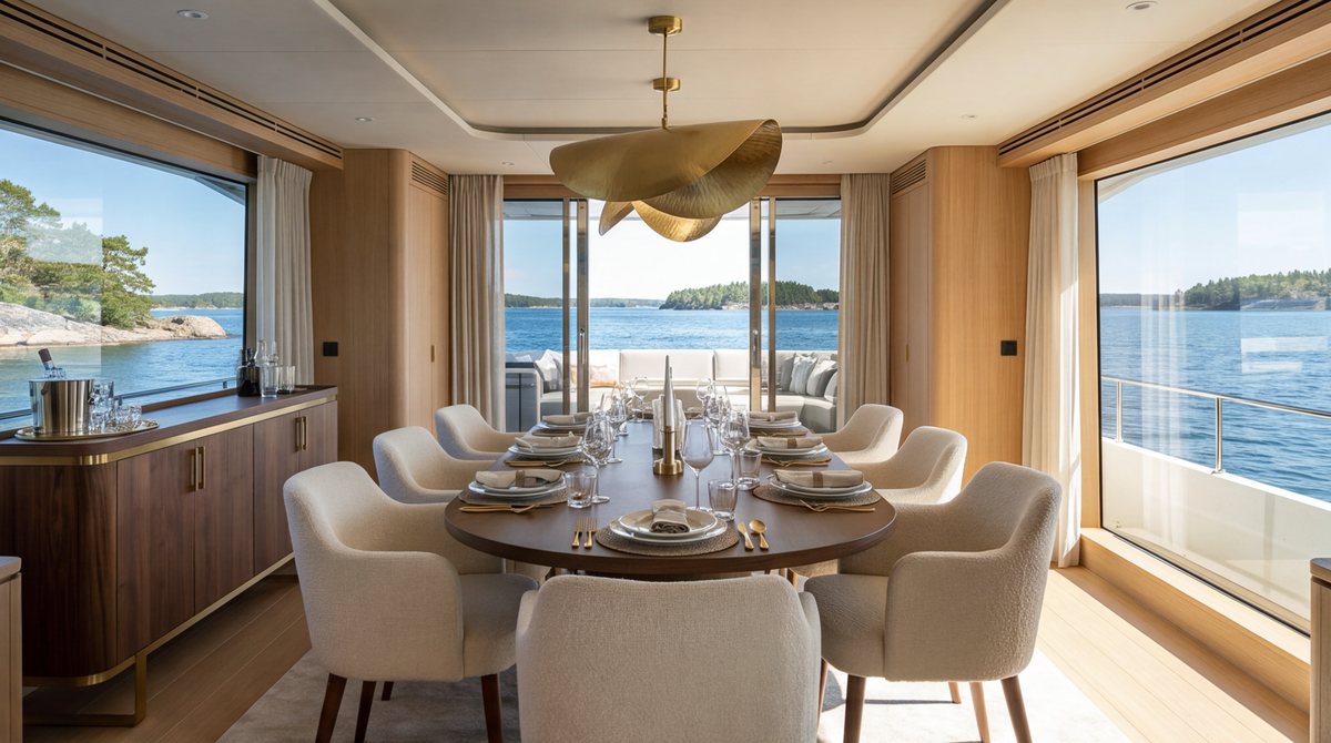 Matsal med ovalt bord, stoppade stolar och fönster mot havet på båda sidor