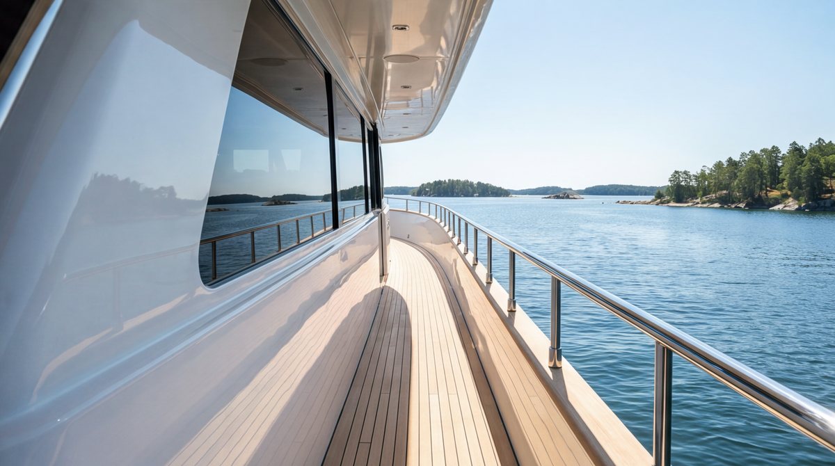 Brett sidodäck i teak längs överbyggnaden, med reling och skärgård